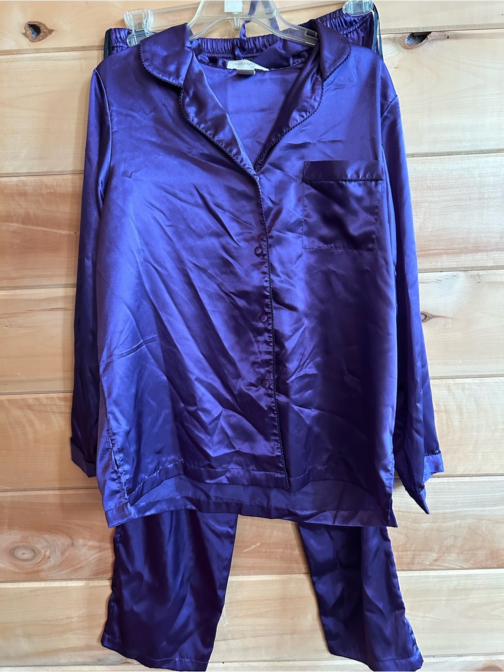 Silky Long-Sleeve Pajama Set in Deep Purple size Large